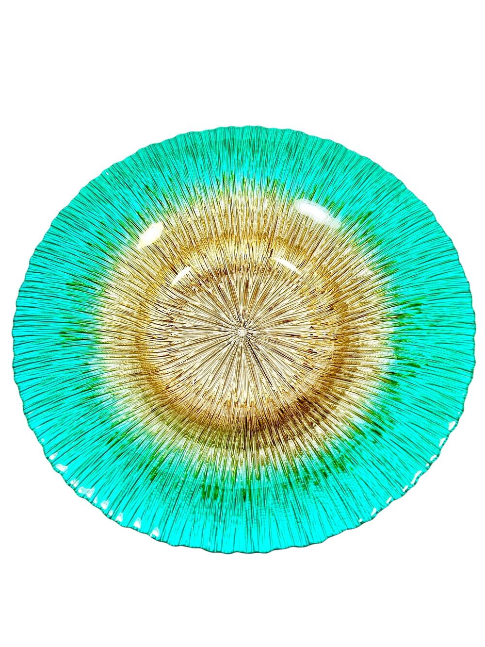Decorative Crackle Sunburst Serving Bowl Turquoise Gold Brown 15" Art Glass